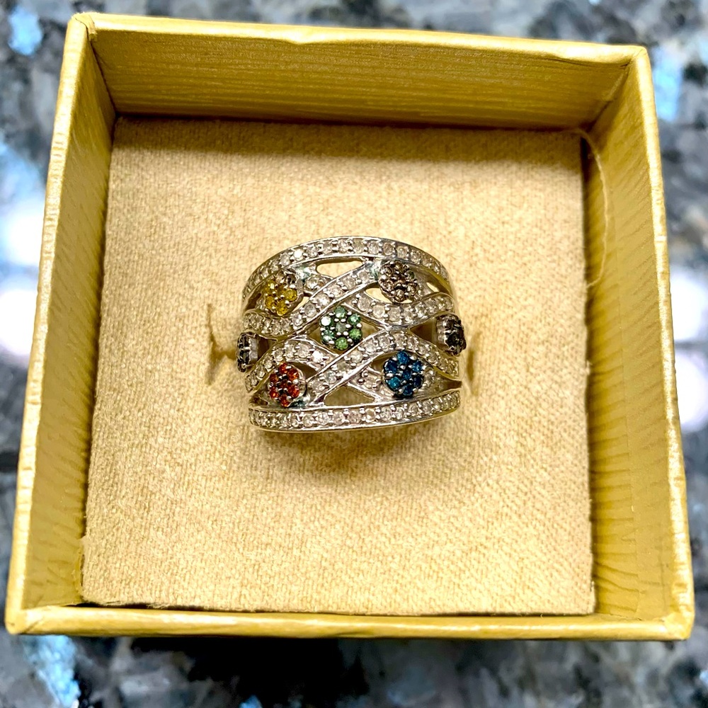 Multi colored diamond ring in rhodium plated silver - Picture 3 of 7